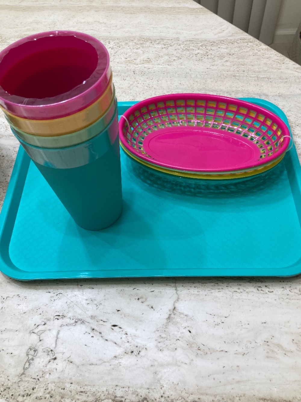 Bright Serving Tray and Bright Colored Cups & Serving Baskets